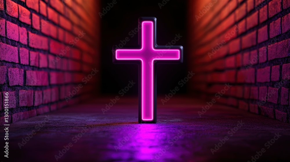 Naklejka premium Radiant Pink Cross in Brick Tunnel Faith Hope and Light Symbolizing Spiritual Awakening and Guidance