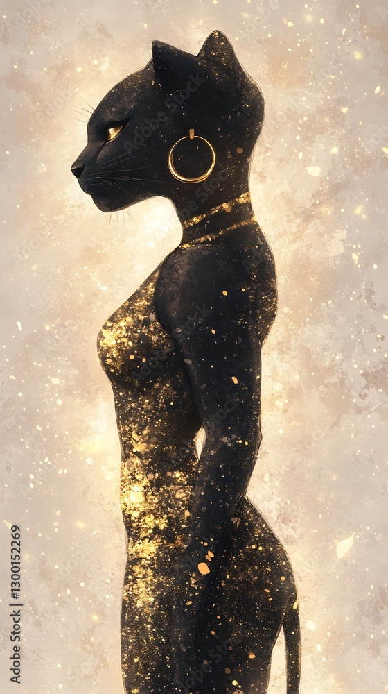 Fototapeta premium Female panther in gold mini dress, hoop earrings, blush background