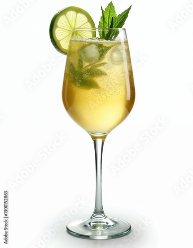 Elegant wine glass with Austrian Hugo Spritz drink, ice, lime slice, mint sprig. Refreshing curvy cocktail with zesty garnish. Cold summer beverage isolated on transparent background.