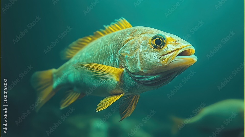 Naklejka premium Speckled Fish with Yellow Fins Swimming in Teal Water