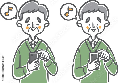 スマホを操作してご機嫌なシニア男性　上半身　ベクター