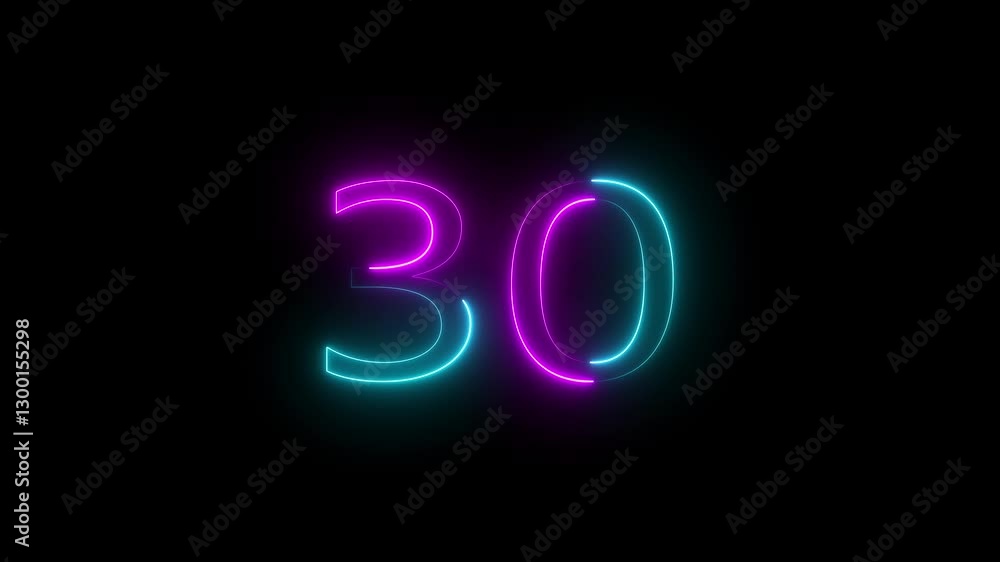 Neon 30 number text icon mathematics animation on black background Neon 30 number text icon mathematics animation on black background