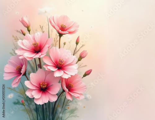 Delicate Pink Cosmos Flowers Bouquet Soft Pastel Floral Arrangement Spring Blossom Art