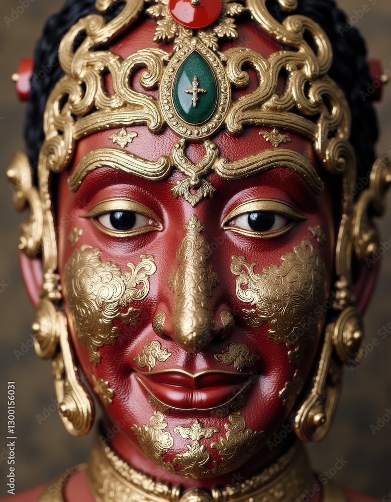 Intricate Red and Gold Deity Sculpture Ornate Headpiece Detailed Face Asian Art Intricate Red and Gold Deity Sculpture Ornate Headpiece Detailed Face Asian Art