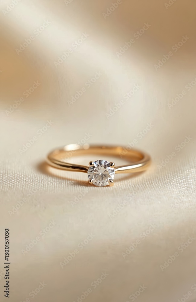 Elegant jewelry gold engagement ring with sparkling diamond on beige background. Sign of love, relationship proposal. Symbol of a future family. Macro vertical photo. Elegant jewelry gold engagement ring with sparkling diamond on beige background. Sign of love, relationship proposal. Symbol of a future family. Macro vertical photo.