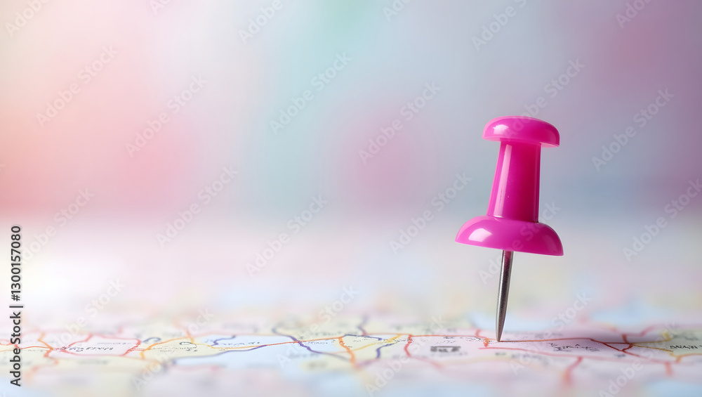 A bright pink pin stands upright on a blurred abstract background with pastel colors, conveying location and navigation.