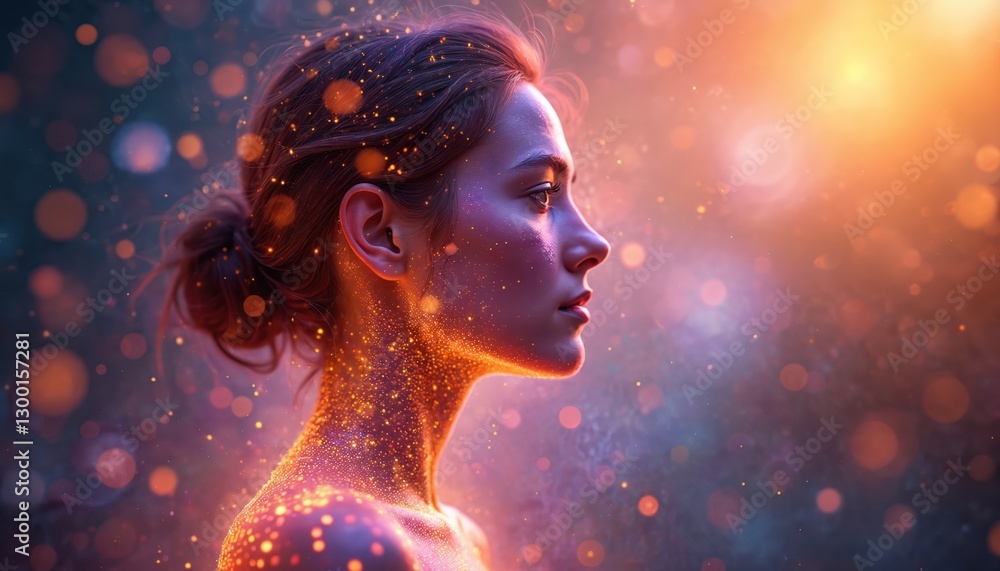 Girl in sparkling bokeh lights. Orange glowing light illuminates female profile. Pretty woman shoulder portrait. Fantasy background with dust glitter, magic energy, cosmic sparkle. Beauty, fashion, Girl in sparkling bokeh lights. Orange glowing light illuminates female profile. Pretty woman shoulder portrait. Fantasy background with dust glitter, magic energy, cosmic sparkle. Beauty, fashion,