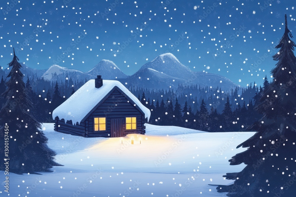 Naklejka premium A cozy winter scene depicts a snow covered cabin in the mountains