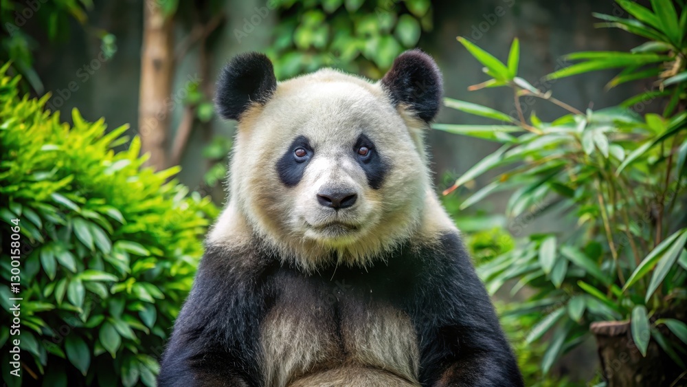 Obraz premium panda bear sitting in a zoo enclosure with a calm expression and looking directly at the camera