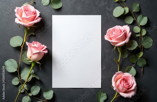 Blank paper greeting card template with pink roses flowers on black background. Floral mockup with copy space. Stylish botanical background for invitation love letter message. Valentine, happy