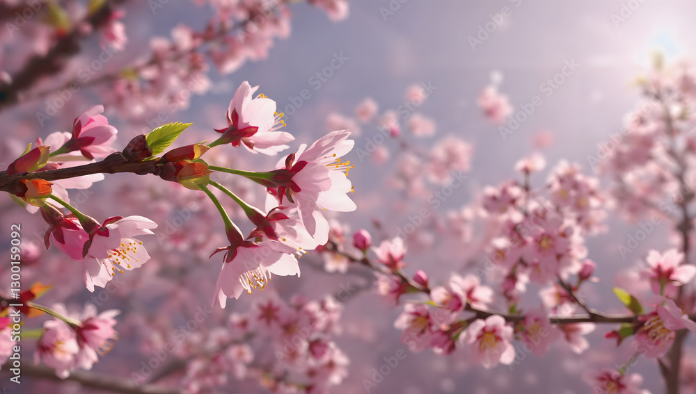 Pink Cherry Blossoms in Full Bloom on Branches Pink Cherry Blossoms in Full Bloom on Branches