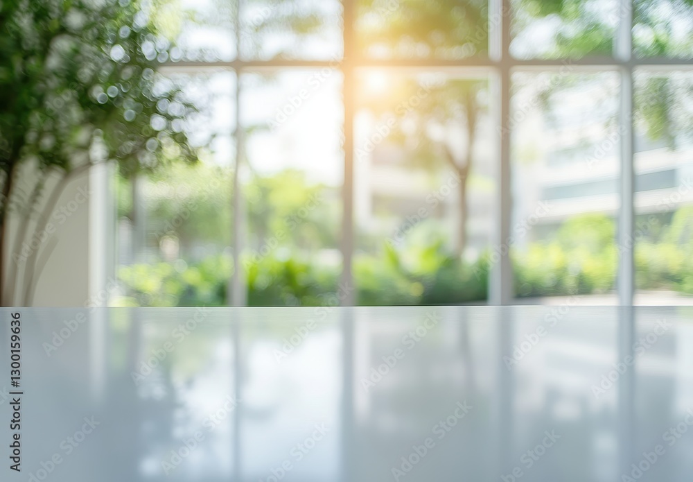 Naklejka premium Bright and Airy Interior with Blurred View of Lush Greenery Through Big Windows in Modern Building Environment