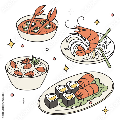 Festive seafood dishes are food cooked in modern delicacies with a presentation on the plate. Delicious dishes: salads and soups of shrimp, crab, mussels, baked fish, rolls, sushi, octopus vector