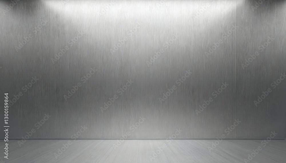 Brushed silver metal background with subtle vertical lines and floor. Stainless steel metallic texture. Aluminum pattern shiny grey surface with light spots on wall. Modern design. Brushed silver metal background with subtle vertical lines and floor. Stainless steel metallic texture. Aluminum pattern shiny grey surface with light spots on wall. Modern design.