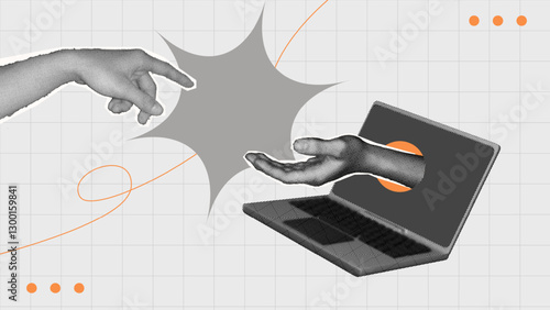 halftone collage, Digital connection A hand reaches from a laptop, virtual communication, technology, and online collaboration