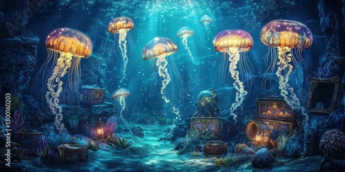 Wallpaper Mural Beautiful jellyfish swim around sunken treasure in the ocean Torontodigital.ca