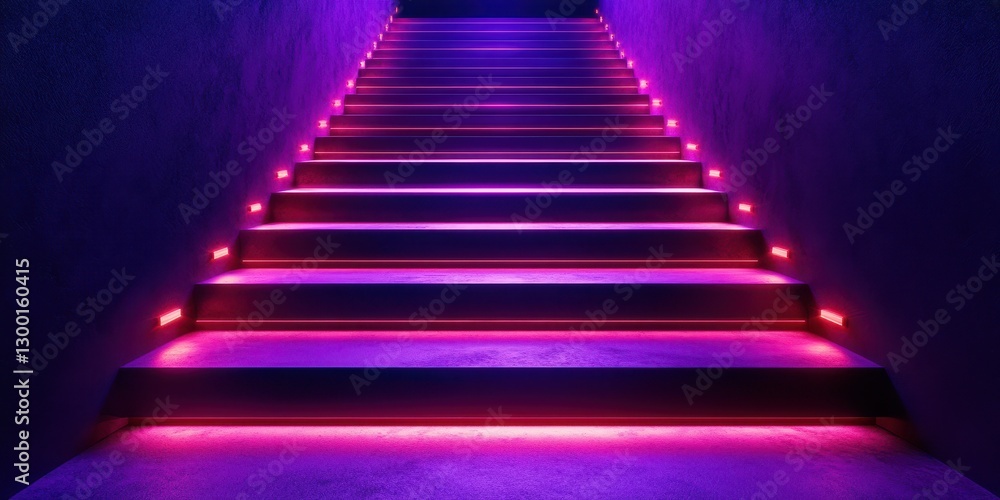 Stairs illuminated by vibrant purple lights create an inviting atmosphere for guests Stairs illuminated by vibrant purple lights create an inviting atmosphere for guests