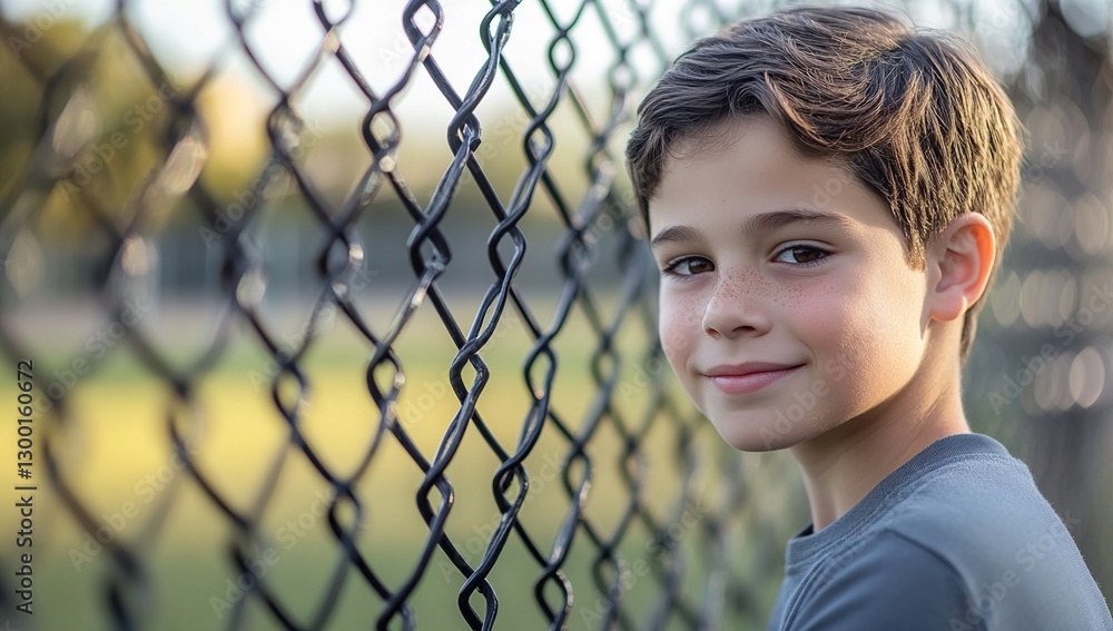 Portrait of a Smiling Boy Near Chain Link Fence