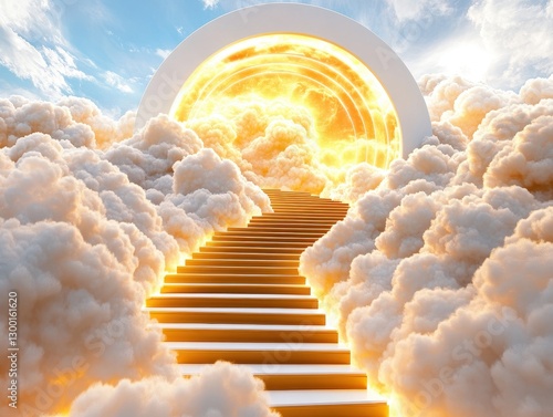 Ascend to the Celestial Realm - Enchanting Staircase of Clouds and Golden Portal Illuminated by Radiant Light photo