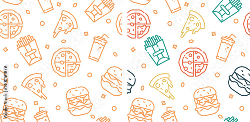 Fast food seamless pattern with vector line icons set