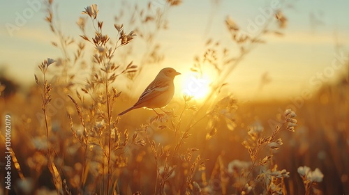 Golden sunrise over fields bird perched on grass nature photography tranquil environment close-up view