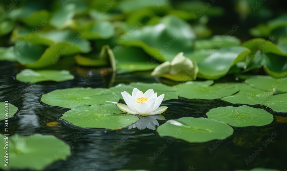 White Water Lily Blossom on Dark Water with Green Lily Pads White Water Lily Blossom on Dark Water with Green Lily Pads