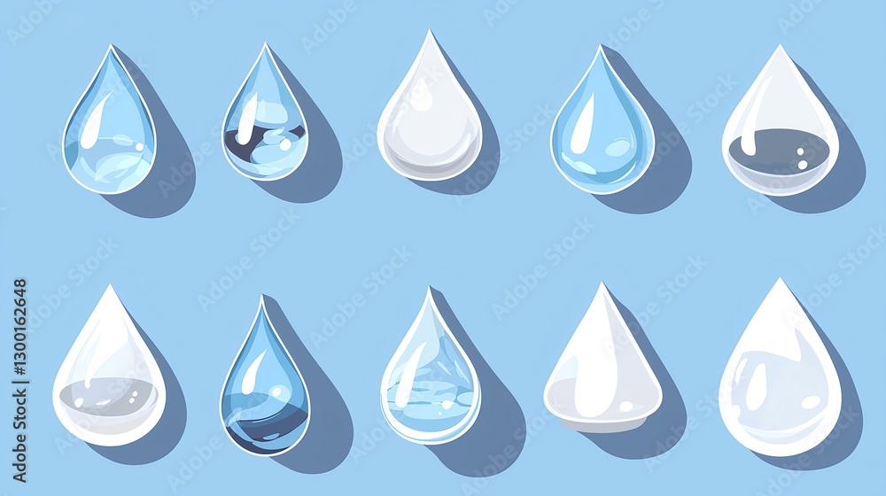 Variety of Water Droplets with Different Shapes and Patterns on Blue Variety of Water Droplets with Different Shapes and Patterns on Blue