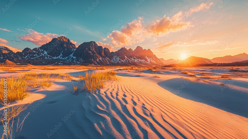 Fototapeta premium Vibrant Sunset Over a Sandy Desert with Mountain Range