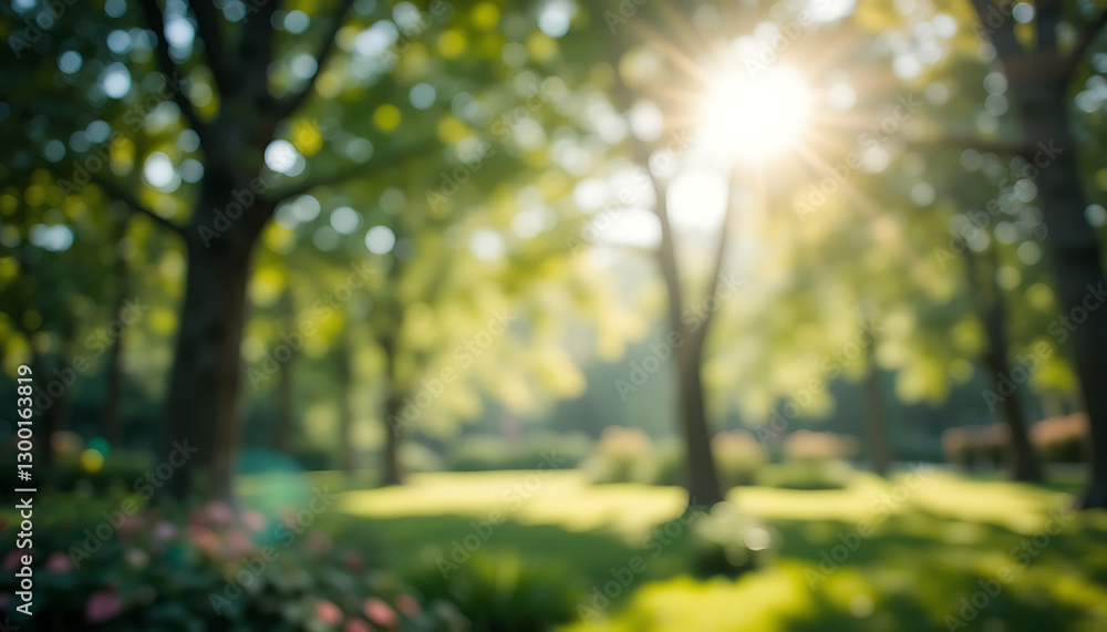 Fototapeta premium Sun-Filled Garden Scene with Blurred Trees and Lush Green Grass on a Warm Day