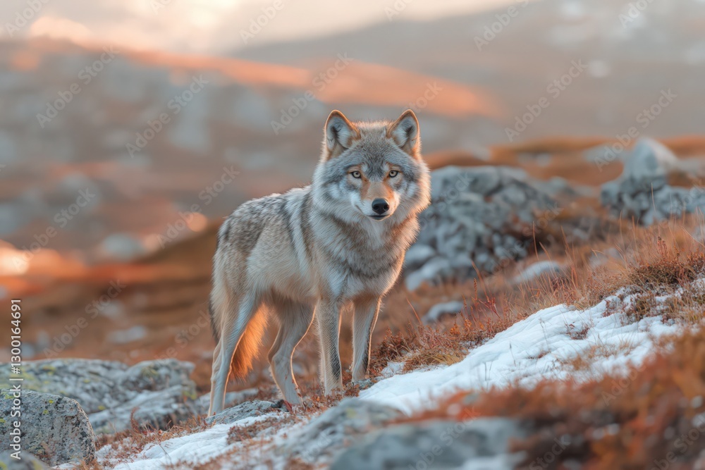 Gray Wolf in Winter Mountain Landscape at Sunrise Gray Wolf in Winter Mountain Landscape at Sunrise