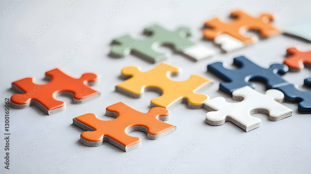 Obraz premium Colorful Puzzle Pieces Scattered on Light Gray Surface Representing Problem Solving and Collaboration