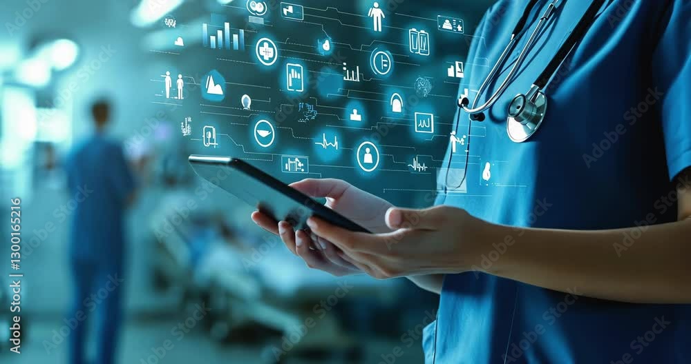 Doctor Holding a Tablet Displaying Medical Digital Symbols
