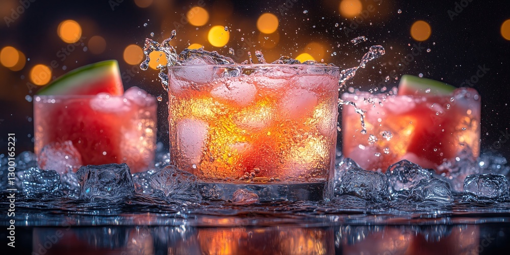 Close-up photo of Watermelon juice in a glass with watermelon and ice Close-up photo of Watermelon juice in a glass with watermelon and ice