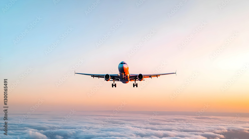 Airplane Taking Off Against A Colorful Sky with Clouds During Sunset Airplane Taking Off Against A Colorful Sky with Clouds During Sunset