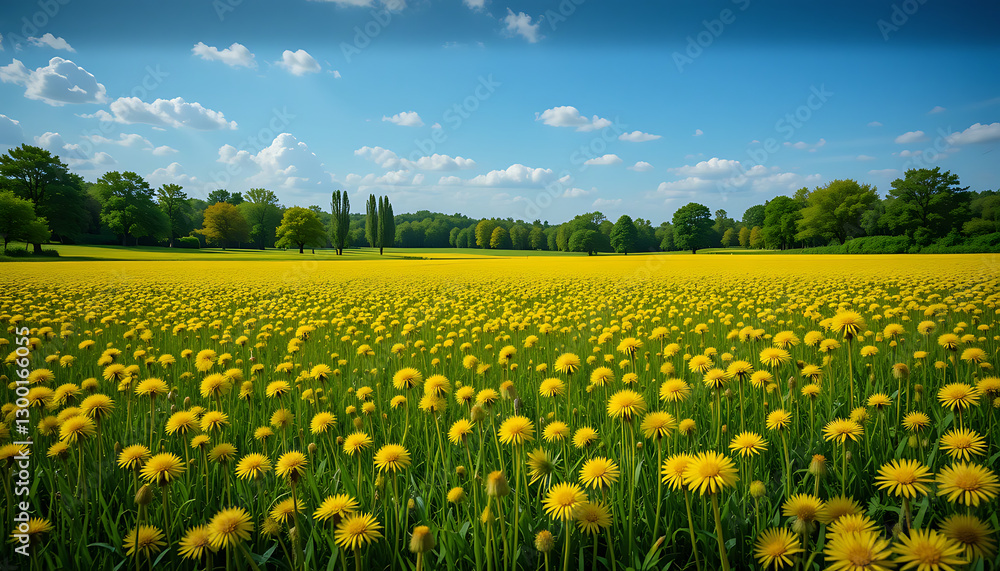 Fototapeta premium Expansive Yellow Dandelion Field Stretching beneath a Bright Blue Spring Sky