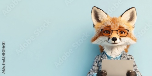 fox in checkered blazer holding laptop startup office