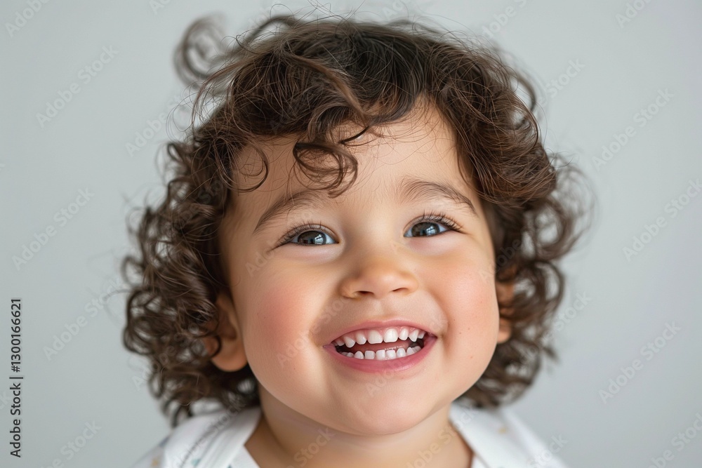 A joyful toddler with curly hair and bright blue eyes smiles widely against a neutral background. A joyful toddler with curly hair and bright blue eyes smiles widely against a neutral background.