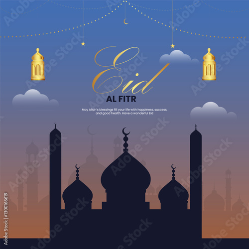 Eid al-Fitr – Celebrate with Joy, Prayers & Festive Lights. Beautiful Mosque Silhouette, Crescent Moon & Lanterns. Wishing Peace, Prosperity & Blessings to All