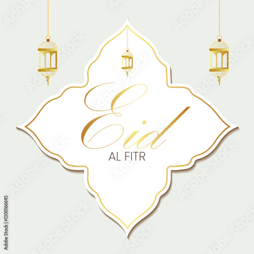  Elegant Eid al Fitr design Ornate white frame with gold Eid script hanging lanterns on light gray background