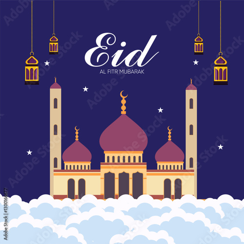  Celebrate Eid al Fitr Cartoon style mosque hanging lanterns and stars on a night sky background text in middle Eid Al fitr mubarak