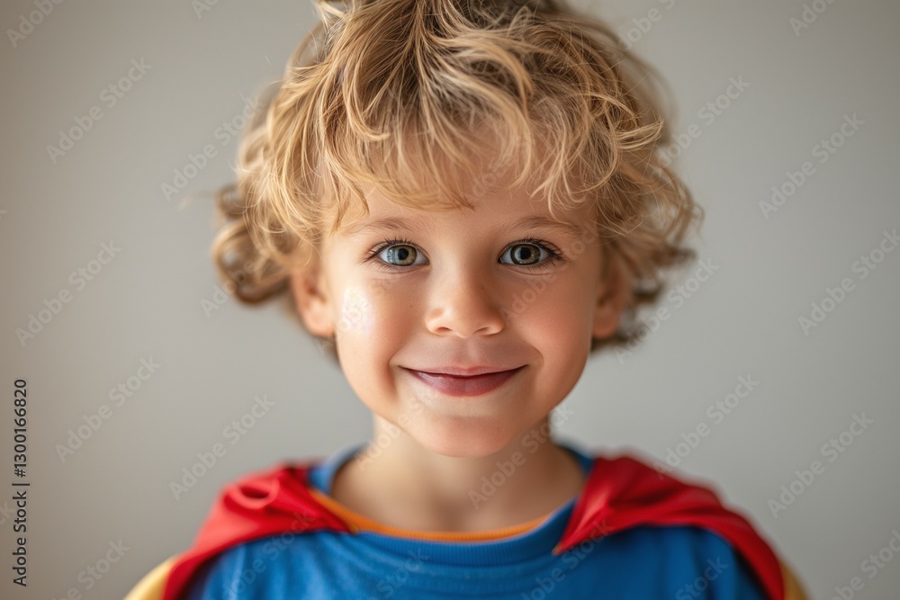 Adorable young Caucasian boy with curly hair smiling brightly in a superhero costume. Adorable young Caucasian boy with curly hair smiling brightly in a superhero costume.