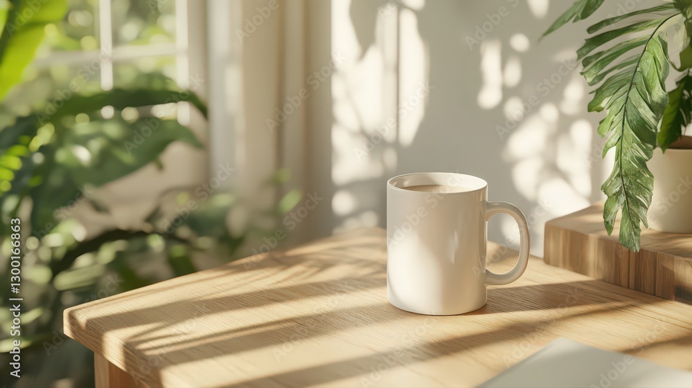 Sunlit Coffee Mug on Wooden Table Among Greenery Sunlit Coffee Mug on Wooden Table Among Greenery