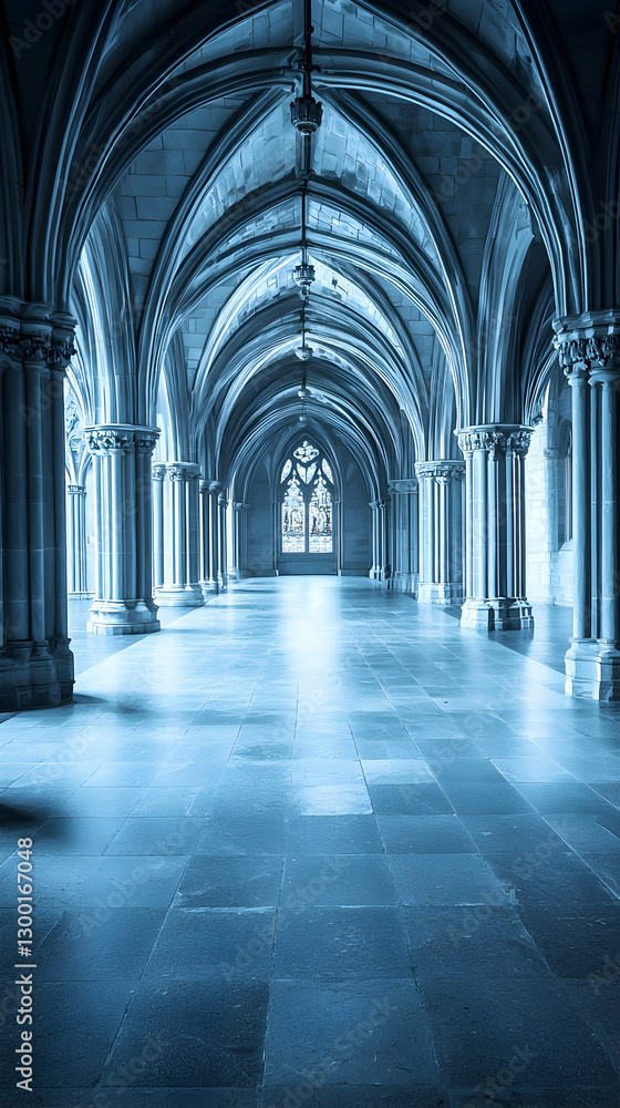 Long Gothic Hallway with Blue Stone Columns and Arches Long Gothic Hallway with Blue Stone Columns and Arches