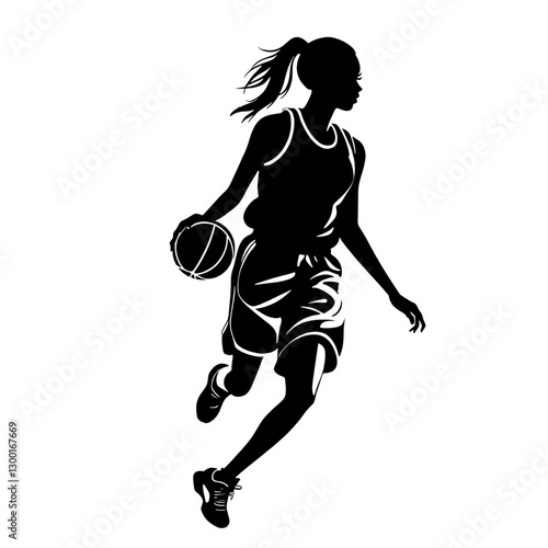 Black and White Silhouette of a Dynamic female basketball player dribbling down the court during a game at a local gym