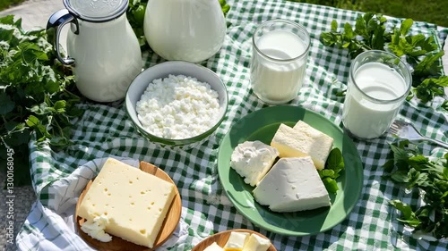 Table with Milk, Cheese, Cream, and Greenery