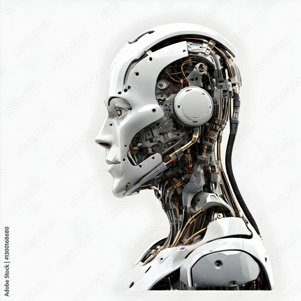 Fototapeta premium AI robot in deep thought, side view, isolated on a transparent background.