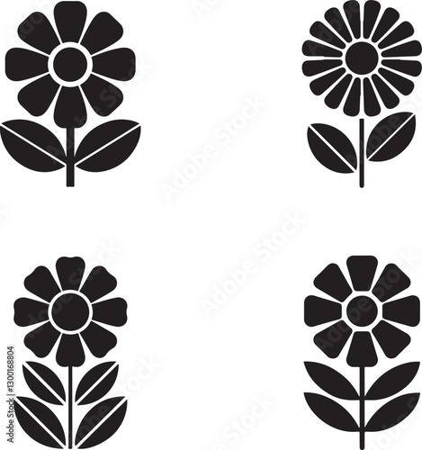 Stunning black and white bellis flower silhouette set collection flat vector illustration