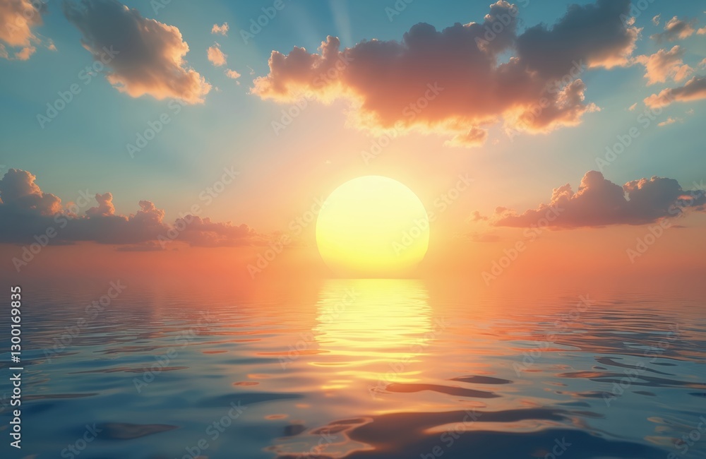 Beautiful sea sunset with a big sun over water horizon. Sun rays through the clouds. Blue, yellow, orange colors. Relaxing sunset on vacation. Romantic sundown on horizon with sunshine and sea. Beautiful sea sunset with a big sun over water horizon. Sun rays through the clouds. Blue, yellow, orange colors. Relaxing sunset on vacation. Romantic sundown on horizon with sunshine and sea.