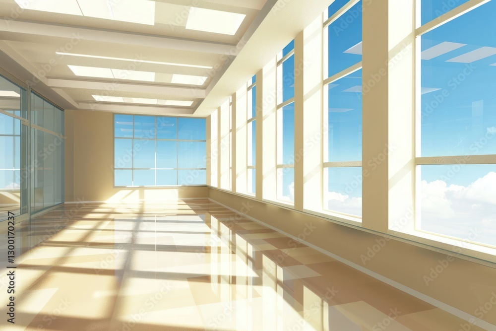 Background indoor modern spacious office hall with panoramic windows and a perspective in pleasant natural beige and soft brown tones. Background indoor modern spacious office hall with panoramic windows and a perspective in pleasant natural beige and soft brown tones.