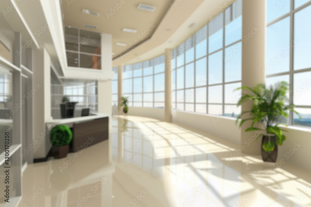 Fototapeta premium Blurred background indoor modern workplace spacious office hall with panoramic windows and a perspective in pleasant natural beige and soft brown tones.
